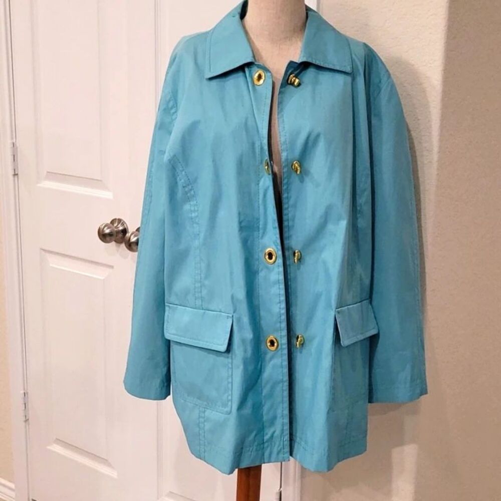 Isaac Mizrahi Live Turquoise Rain Trench Jacket XL Coat A213138 QVC Blue